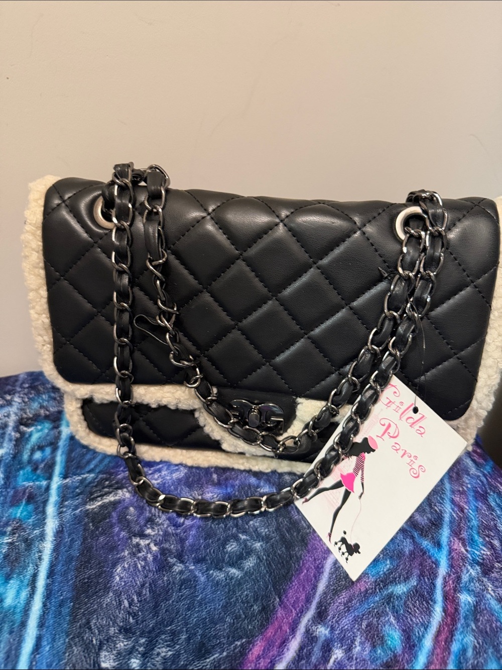 Gilda Paris Black Quilted Shoulder Bag with Cream Shearling Trim and Chain Strap
